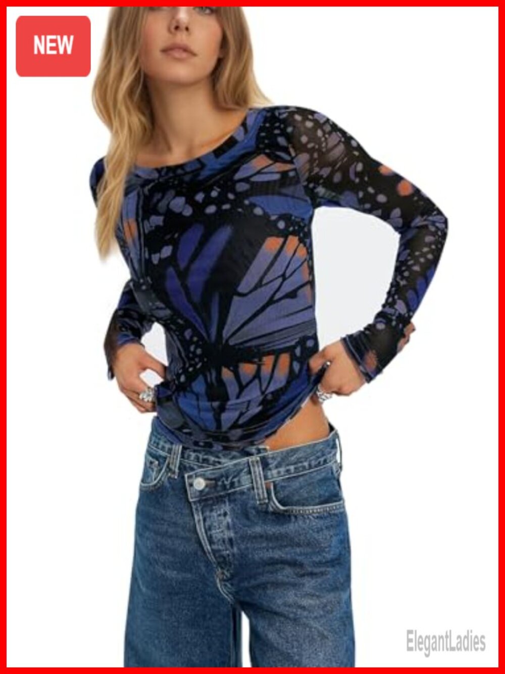 Floral Mesh Long Sleeve Top Slim Fit Crew Neck Going Out Women's Blouse